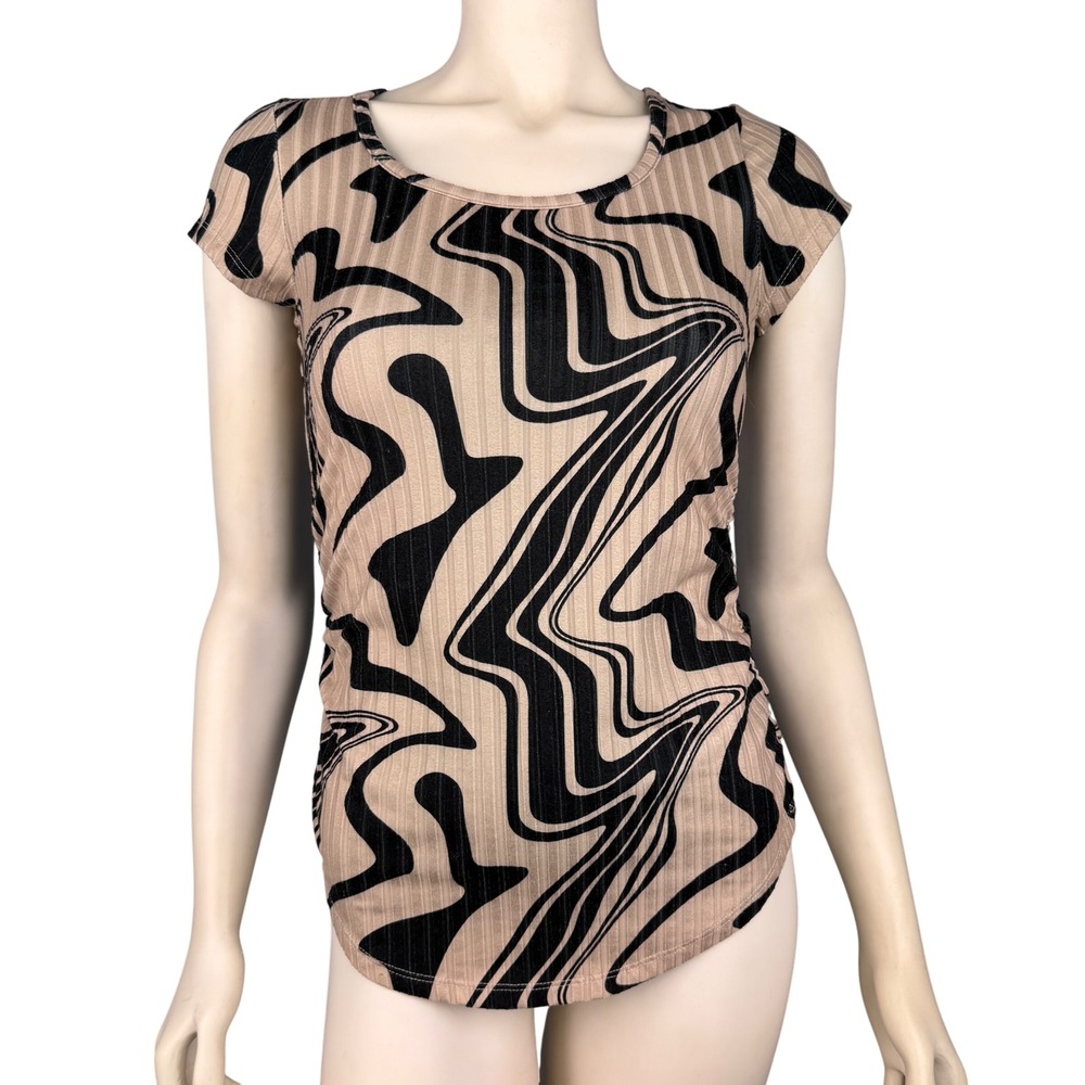 Poof New York Women's Small Top Beige Black Abstract Swirl Print Cap Sleeve‎ Y2K